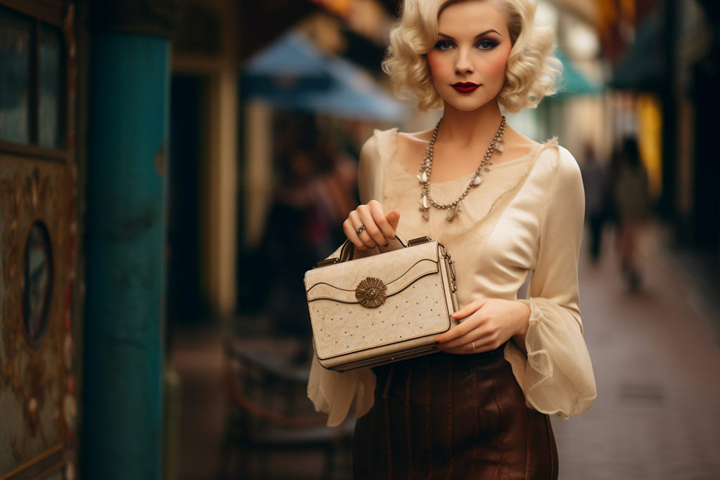 Femme blonde qui porte un sac a main vintage des années 20